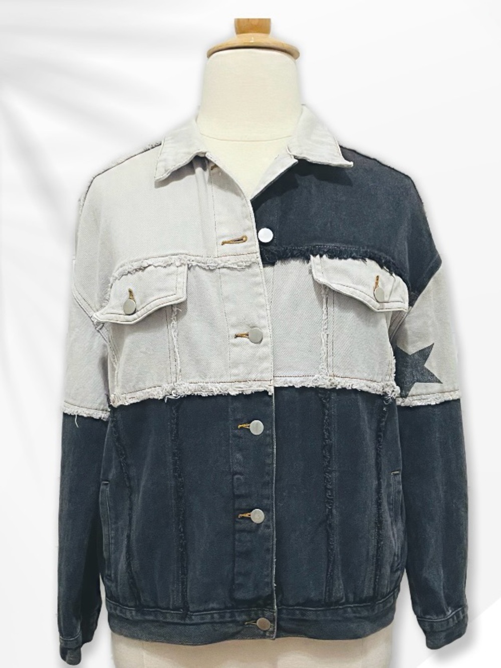 POL Look Up at the Stars Denim Jacket in Light Gray and Charcoal sz M